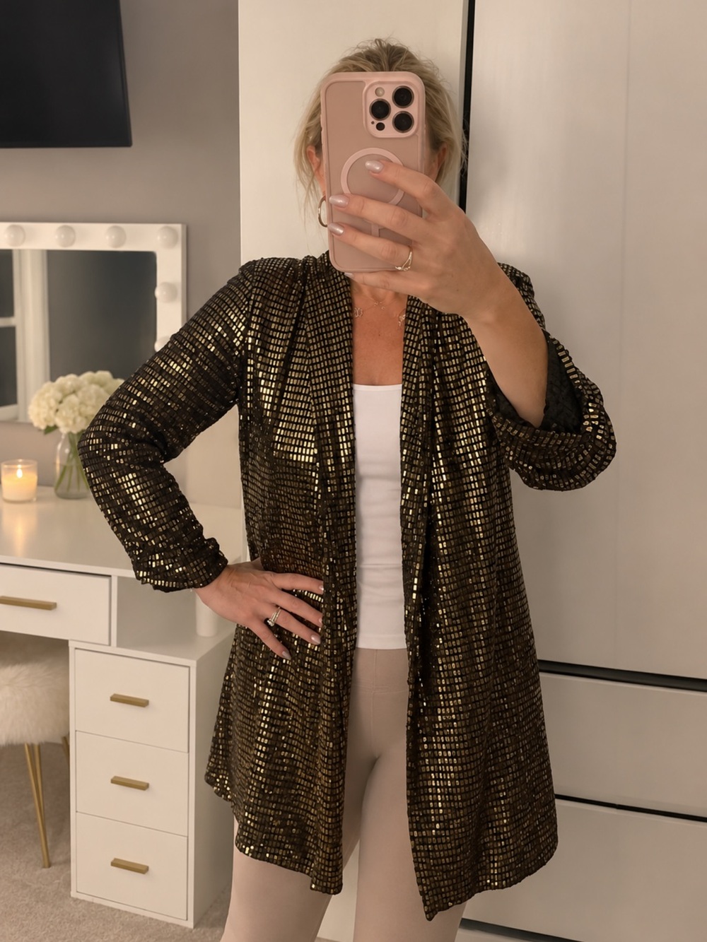 Metallic Gold Sequin Open-Front Blazer